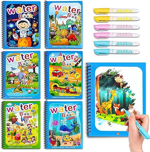 Reusable Magic Water Painting Book  (Of 6 Books Pack + 6 Pens)