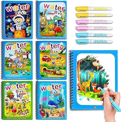 Reusable Magic Water Painting Book  (Of 6 Books Pack + 6 Pens)