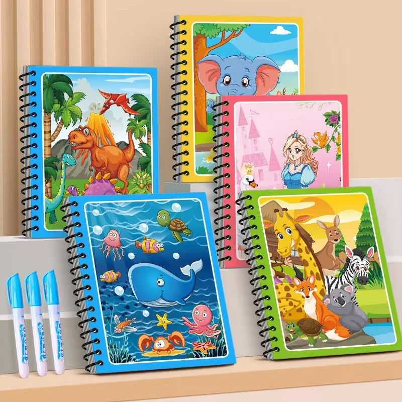 Reusable Magic Water Painting Book  (Of 6 Books Pack + 6 Pens)